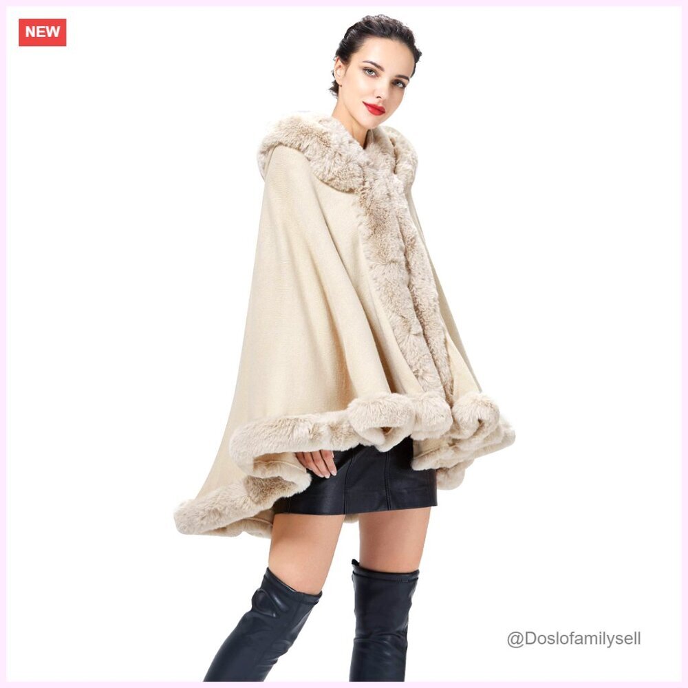 Faux Fur Trim Hooded Cape Wrap Sleeveless Coat for Winter Party Wear